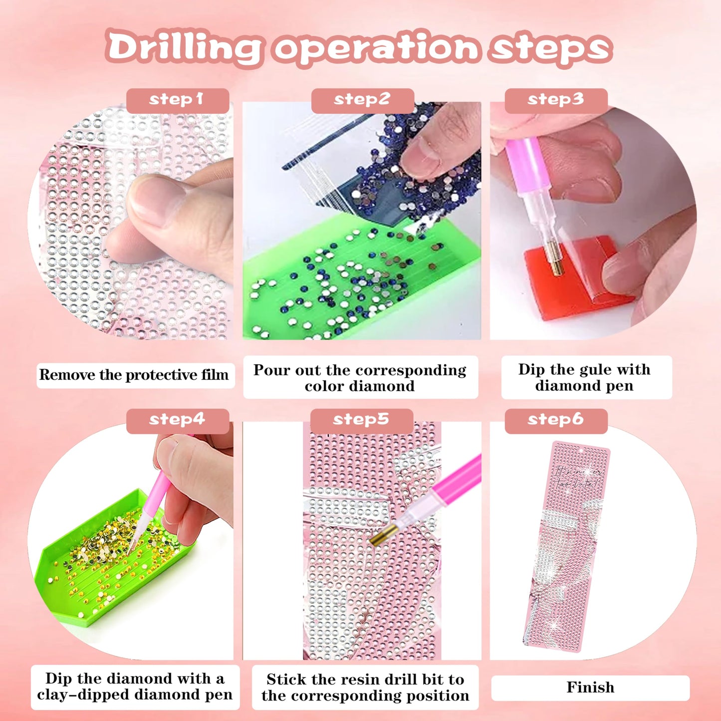 MUAECH 6 Pcs Diamond Art Bookmark Kit, Pink Bow Cute Theme 5D Diamond Painting Bookmarks with Tassels, Cute Rhinestone Craft Gift for Kids Adults Book Lovers, DIY Arts & Crafts for Beginners