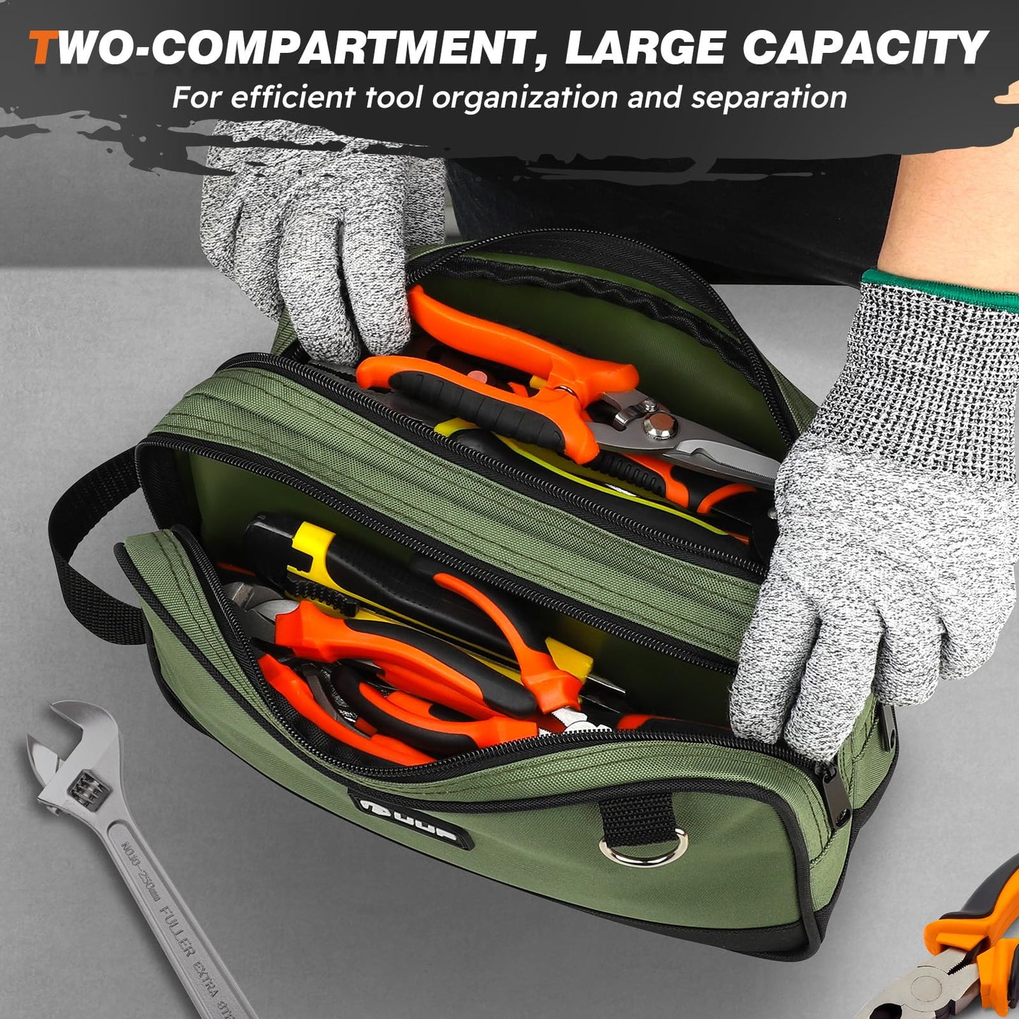 12" Small Tool Bag 2 Pack, Zipper Tool Pouch 2 Compartments, Utility ToolBag with Carrying Handle, Toolbox Organization, Screwdriver Storage Tool Box, Electrician Mechanic Men Dad Gifts, Orange/Green