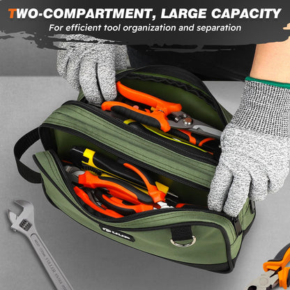 12" Small Tool Bag 2 Pack, Zipper Tool Pouch 2 Compartments, Utility ToolBag with Carrying Handle, Toolbox Organization, Screwdriver Storage Tool Box, Electrician Mechanic Men Dad Gifts, Orange/Green