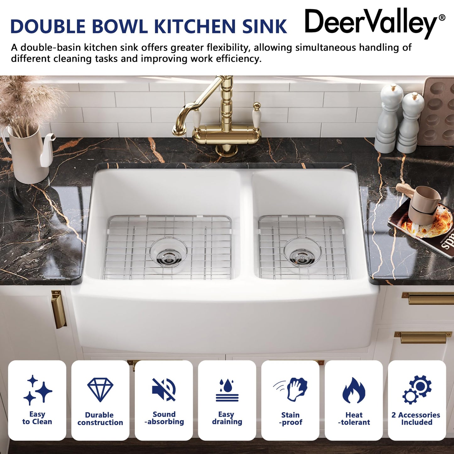 DeerValley Double Bowl White Kichen Sink 33 inch, Ceramic Apron Front Farmhouse Sink, Deep Drop-in Fireclay Undermount Large Sinks with Grid & Strainer
