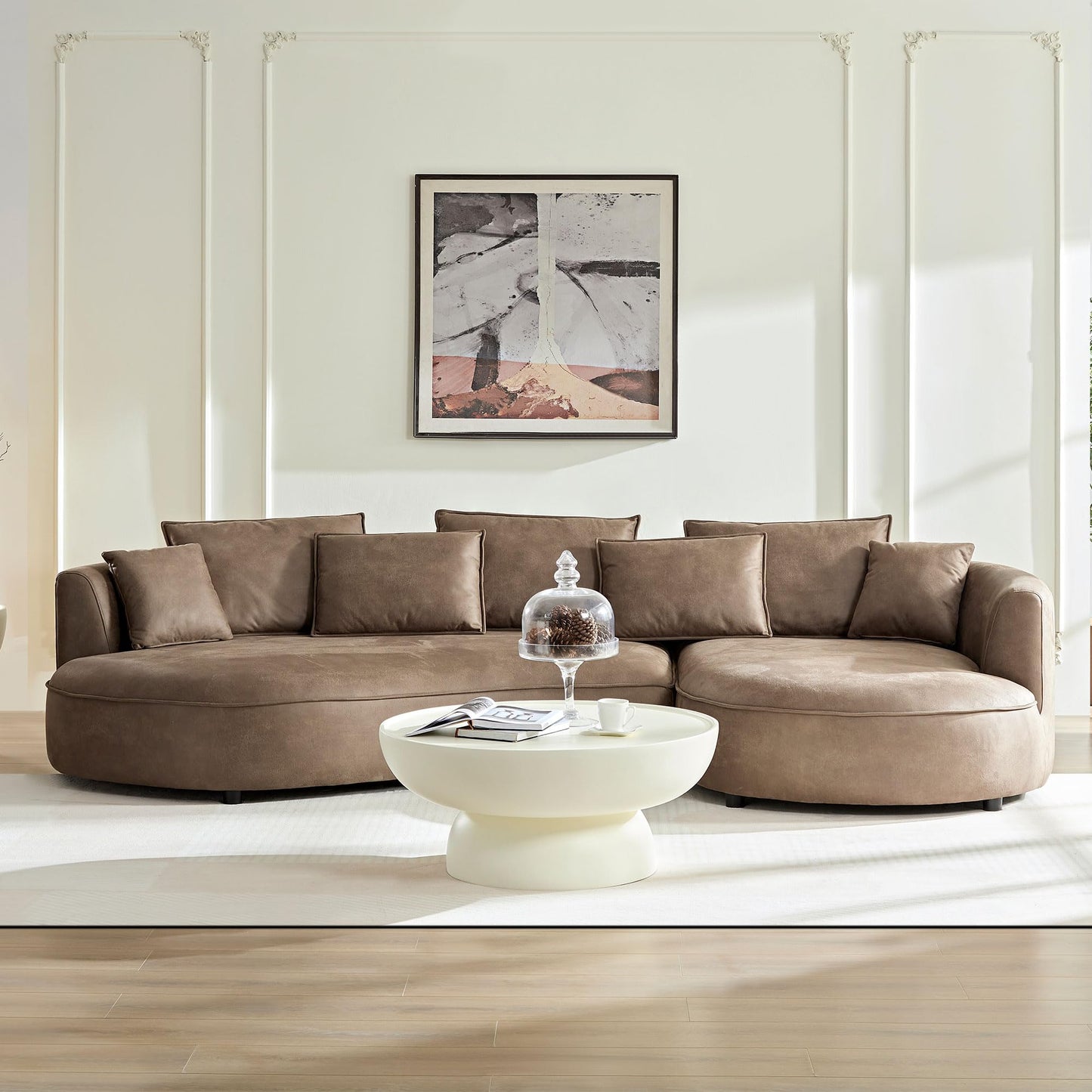KEIKI 129" Curved Oversized Modular Leathaire Sectional Sofa with Right Chaise, 4 Pillows, 3 Back Cushion, Modern Style Comfy 5-Seater Couch, Easy Assembly, for Office, Apartment, Living Room, Brown