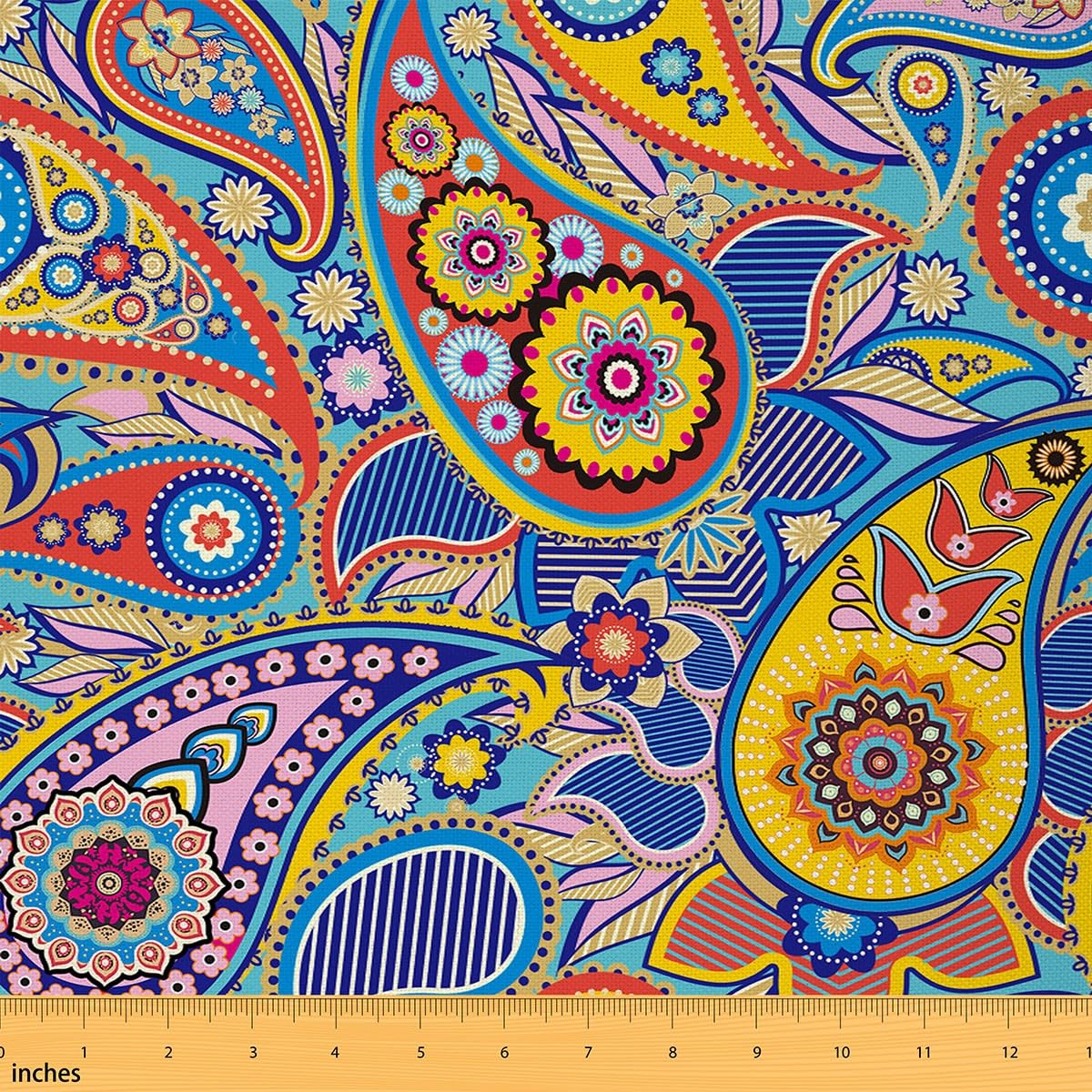 Boho Paisley Fabric by The Yard,Indian Style Flowers Decorative Soft Flannel Polyester No Stretch Fabric,Botanical Exotic DIY Craft,Yellow Blue Sewing Supplies,1 Yard,36" L x 59" W