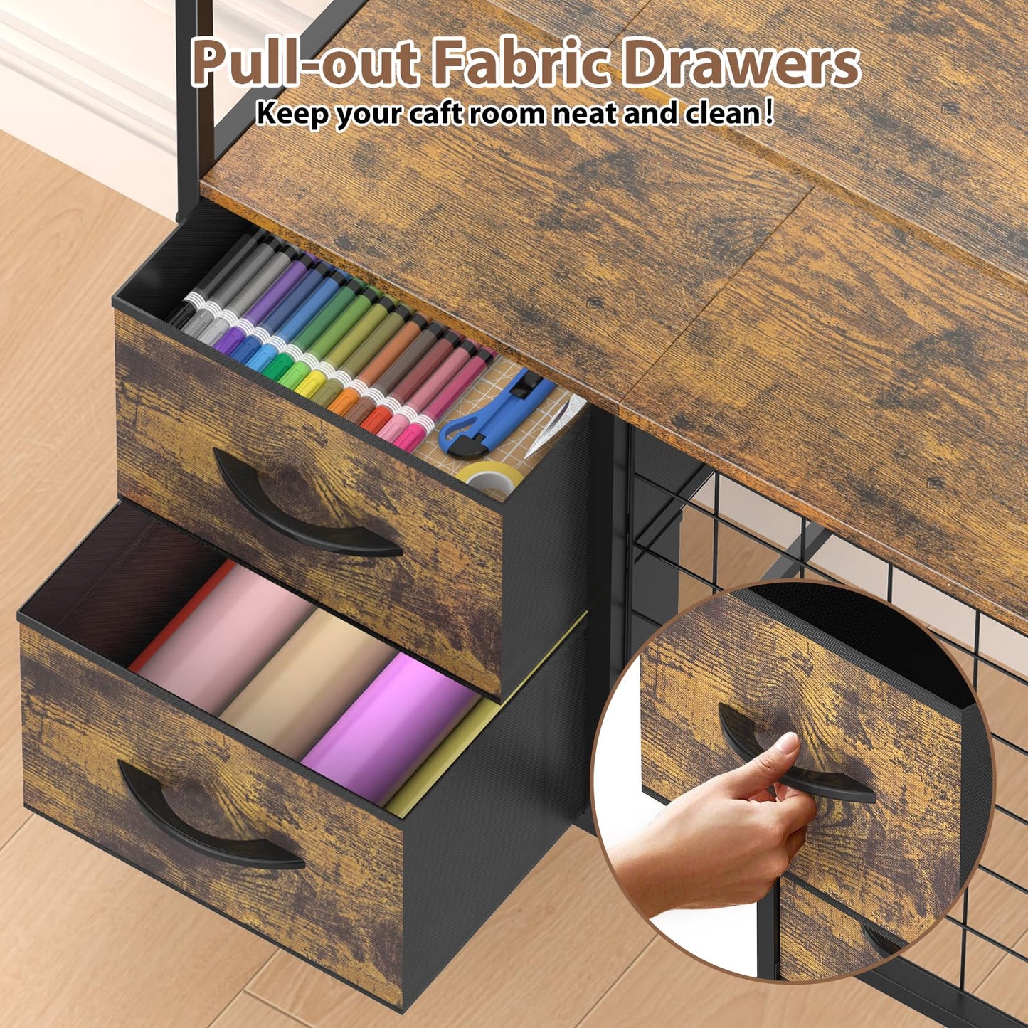 Craft Table Compatible with Cricut Machines Rolling Craft Storage Cart with Vinyl Roll Holders, Crafting Table Workstation with 2 Fabric Drawers, Locakable Wheels, Rustic Brown