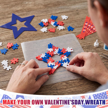 Soulchen 16 Sets DIY 4th of July Wreath Craft Kit Patriotic Red Blue White Hanging Craft Kits 640 Pcs Foam Puzzle 16 Star Paper Wreath and 1 Roll Rope for Home Classroom 250th Anniversary Memorial