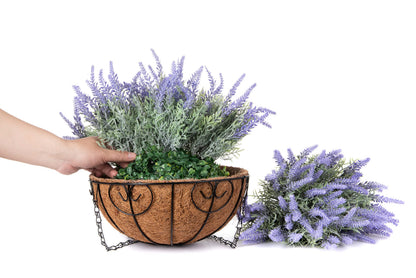 Ivydale Artificial Faux Outdoor Hanging Flowers Plants Basket for Porch Spring Decoration, 12 Bundlies Fake UV Resistant Lavender with Coconut Lining Baskets for Home Patio Balcony Yard