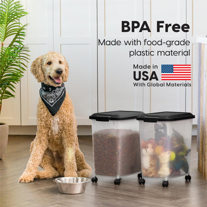IRIS USA Dog Food Storage Container, 2 Pack, Up to 30 lbs Each, Airtight Seal for Freshness, Wheels for Rolling, Easy One Hand Opening, Made in USA, BPA Free, Clear/Black