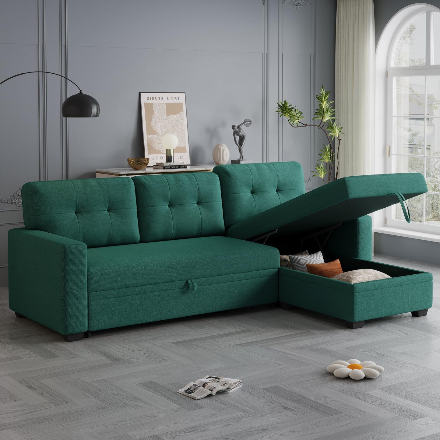 KTATK 82" L-Shape Convertible Sectional Sofa with Storage Chaise and Pull-Out Bed,Modular Corner Couch Lounge,W/Removable Back Cushions & Armrest,for Home Furniture,Green
