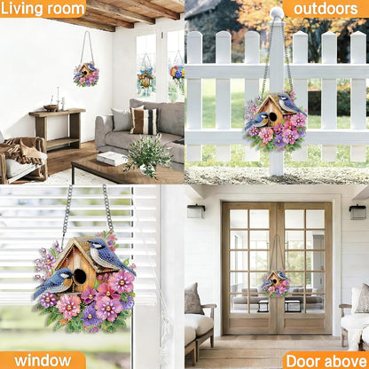 LPDJITO DIY Birdhouse Diamond Painting Hanging Ornament, Double-Sided Acrylic Flowers Bird Diamond Art Kit, Special Shaped Drill Pendant Window Art Kit, Suncatcher Hanging Craft Decoration