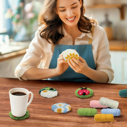 Longan Craft Punch Needle Coasters Kit 6 Pattern Embroidery Punch Needle Kits Adults Beginner Coasters Tufted Car DIY Rug Drink with Adhesive Felt Yarns Hoop Tools Starter Crafts
