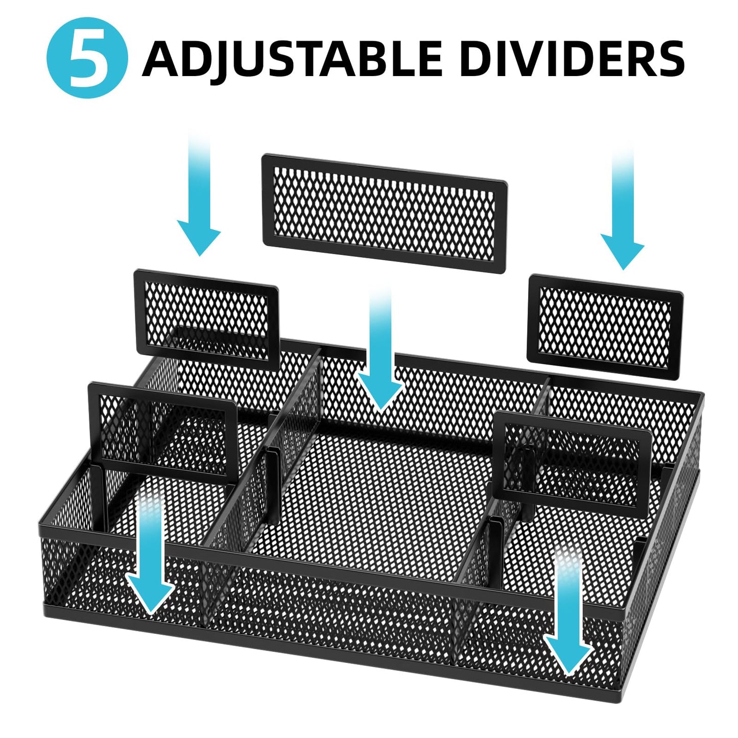 Marbrasse 2 Pack Desk Drawer Organizer, Mesh Drawer Organizer Tray with 8 Adjustable Compartments, Desk Organizers and Accessories, 5 Dividers Drawer for Office Supplies, Makeup & Vanity (Black)