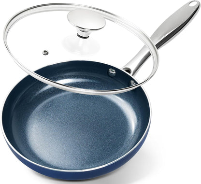 MICHELANGELO 8-Inch Nonstick Frying Pan - Non-Toxic Omelette Pan with Lid & Stainless Handle | Blue-Ceramic