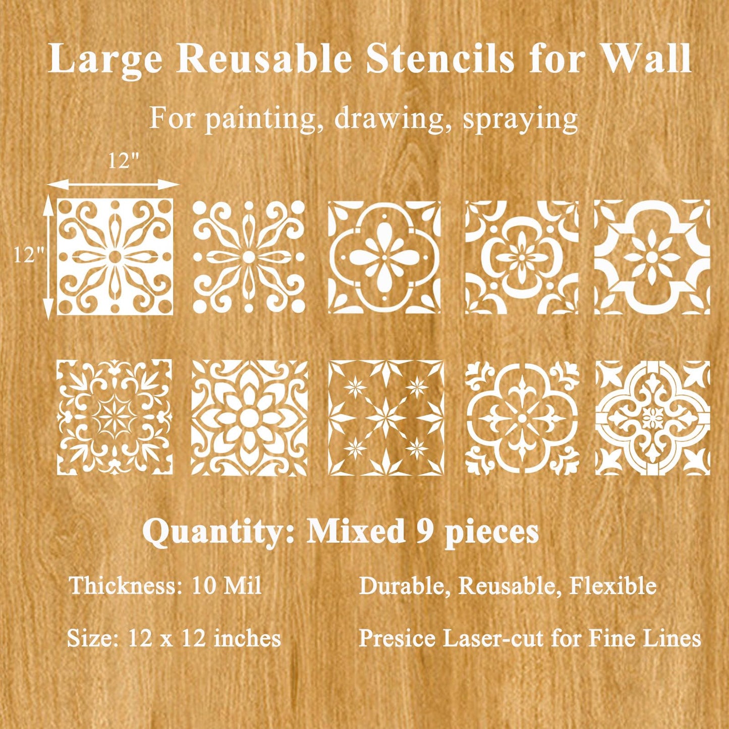 9PCS Large Floor Tile Stencils 12"x12" Reusable Wall Templates for Painting on Floors, Tile, Concrete Patio, Wall, Furniture, Canvas, Mexican Talavera Stencils Set