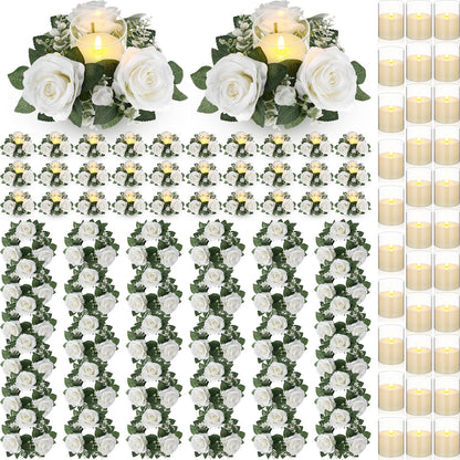 Yunlly 32 Pcs Rose Candle Rings with Flameless Candles Sets, Artificial Flower Eucalyptus Wedding Centerpiece 3 Inch Pillar Candleholders Wreaths for Wedding Party Mother's Day (White)