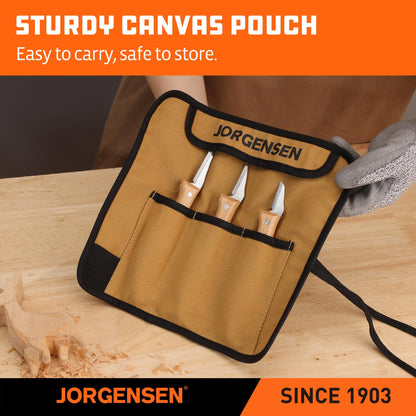 Jorgensen 3-Piece Wood Carving Tools, Stainless Steel Whittling Knife Set with Canvas Pouch, Protective Blade Cover, Ergonomic Curved Handle - Professional Wood Carving Kit for Beginners