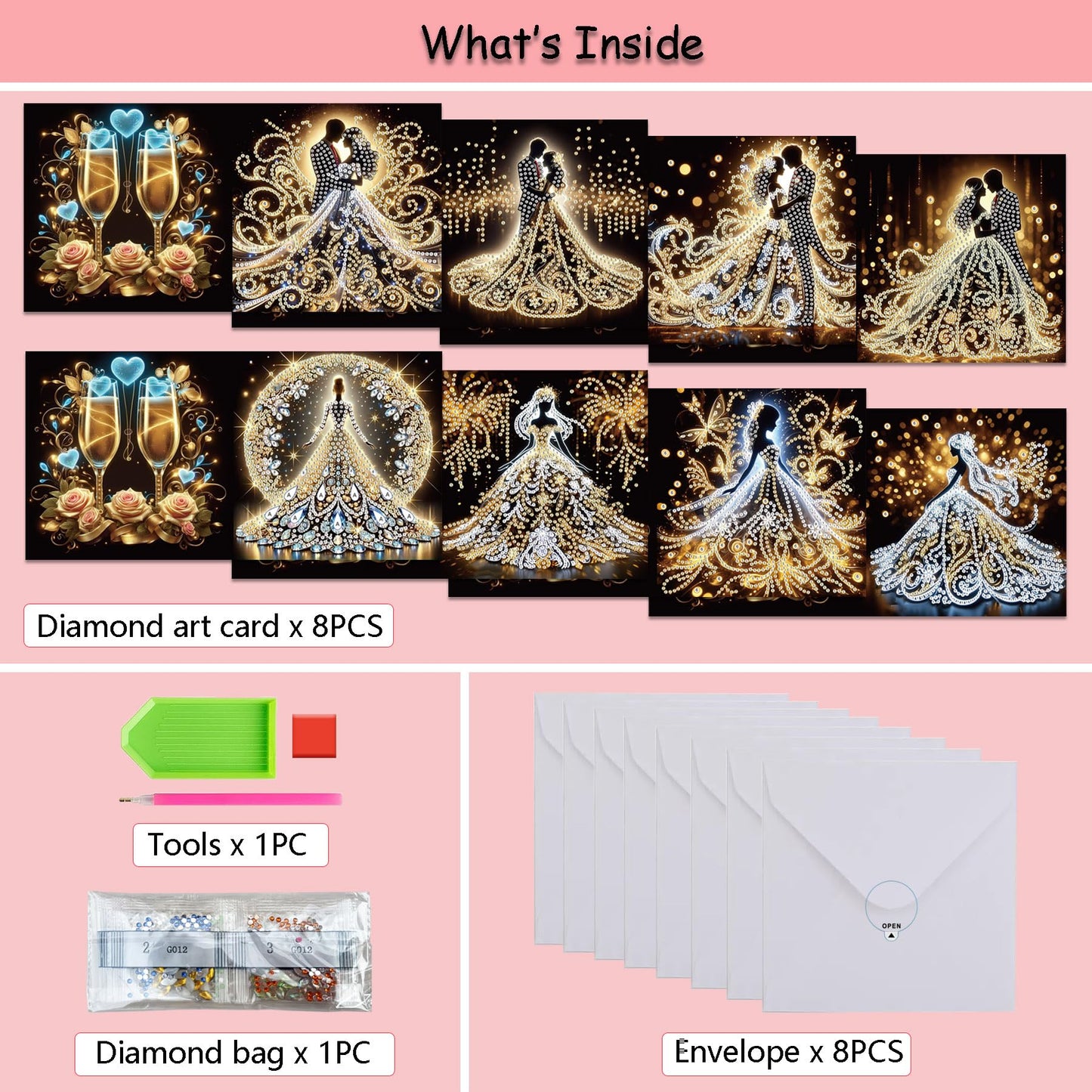 Muzagroo Art DIY Diamond Art Weding Blessing Cards Kits for Adults Diamond Painting Greeting Cards with Envelopes for Beginners Gem Art Cards 8PCS (Wedding)