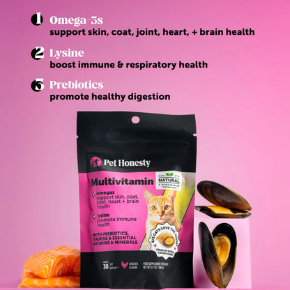 Cat Multivitamin Crunchy & Creamy Chews - Cat Treats for Health + Immune, Joint Support, Skin & Coat, & Digestion - Vitamins with Omega 3s, Lysine & Probiotics (30 Day Supply)