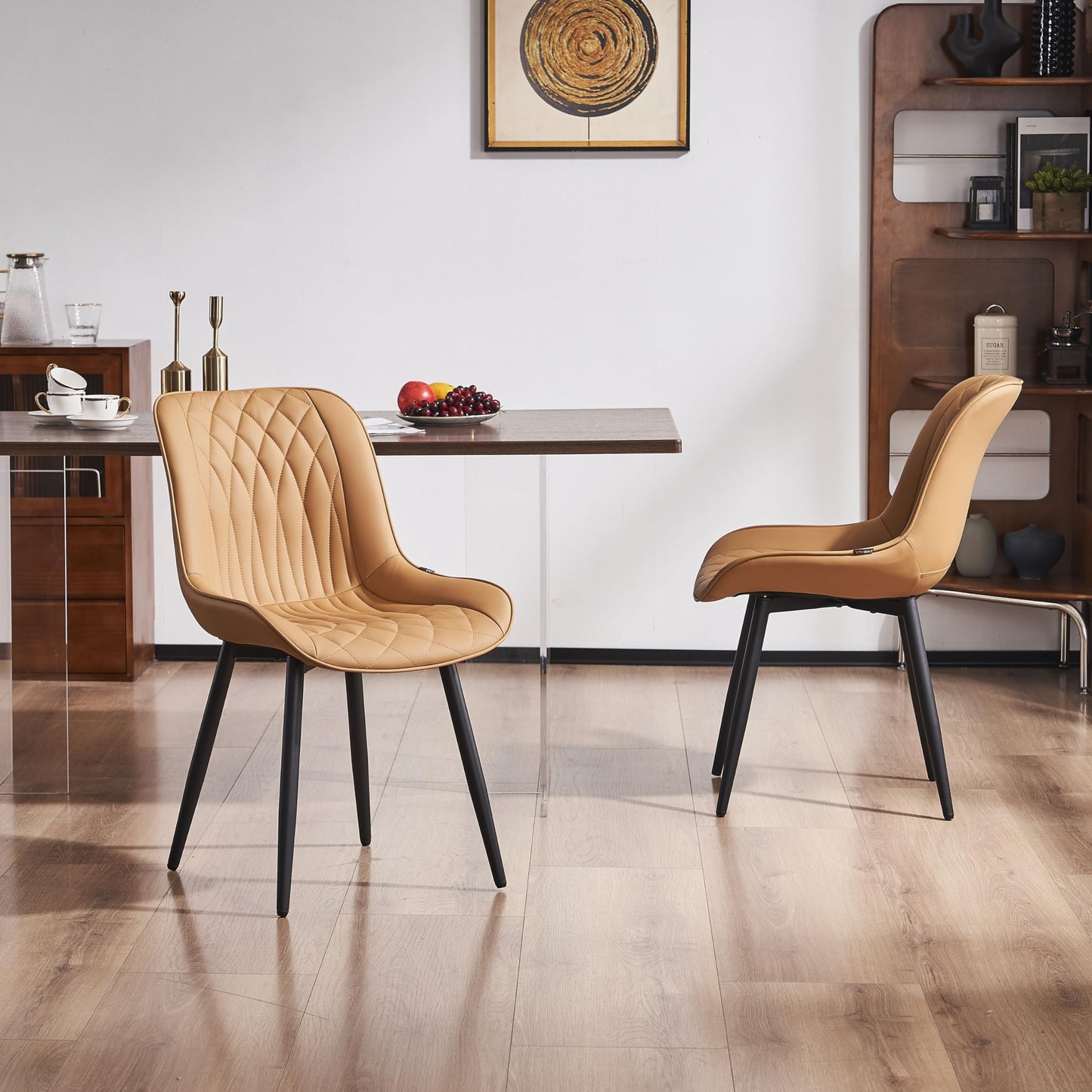YOUNIKE Tan Faux Leather Dining Chairs Set of 2 Mid-Century Modern High Padded Back Comfy Upholstered Kitchen Chairs with Metal Legs Wide Seat Accent Side Chair for Dining/Living/Waiting Room