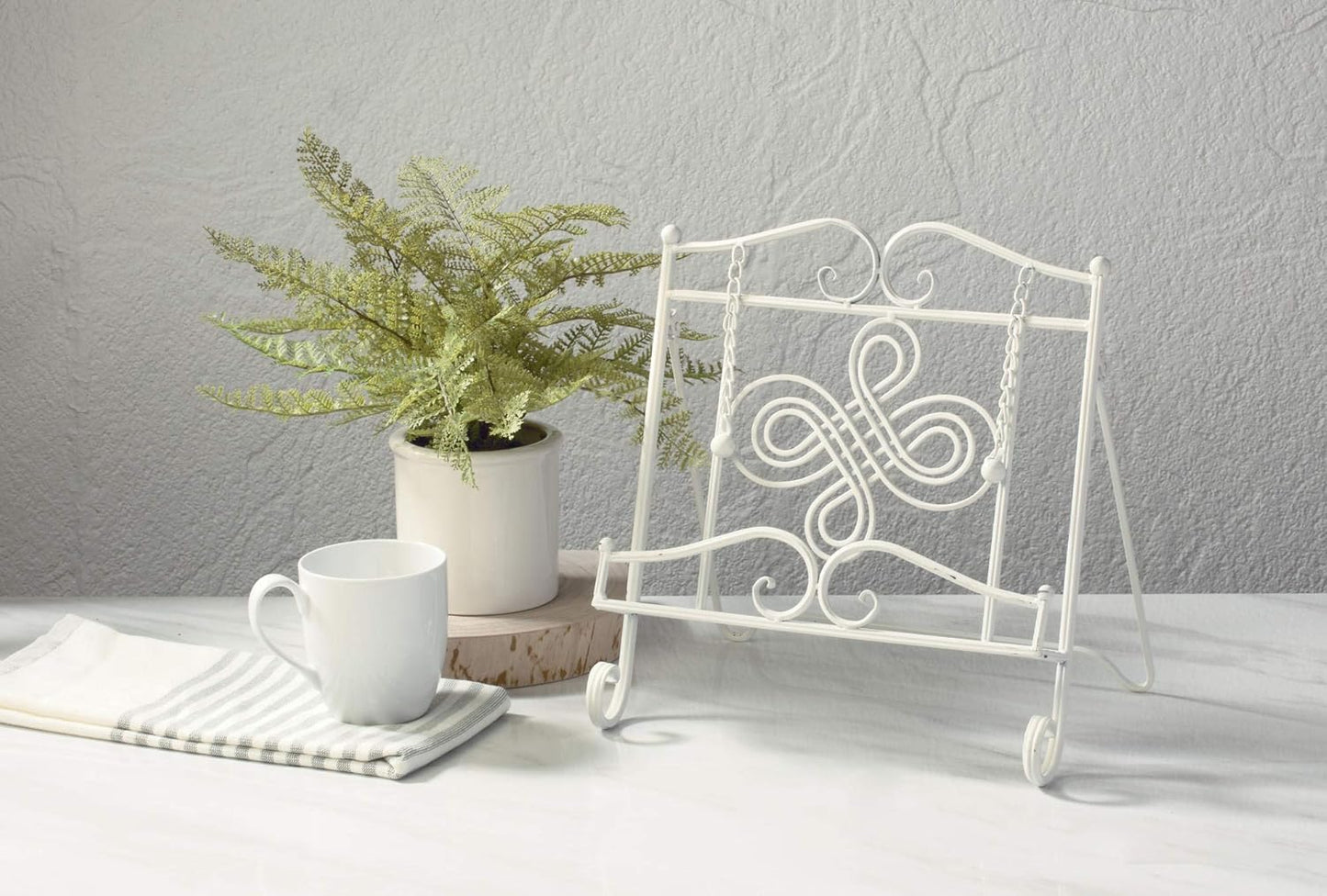 Tripar Swirl Design White Metal Cookbook Stand for iPads, Tablets, and Cookbooks - Adjustable and Portable
