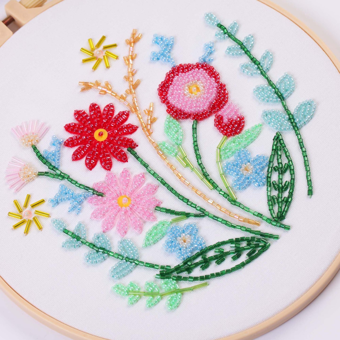 Harimau Bead Embroidery Starter Kit for Beginners (3 Sets) – Basic Flower Stitches, Includes Embroidery Hoop, Diagrams & Step-by-Step Video Tutorials – Gift for Craft Lovers
