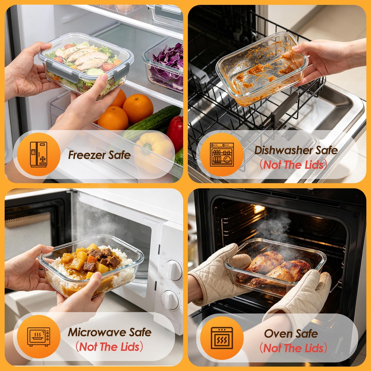 KEKEGO 5 Pack 36oz Glass Storage Containers with Lids, Glass Meal Prep Food Container Sets with Snap Airtight Lid for Microwave, Oven, Freezer and Dishwasher, Grey
