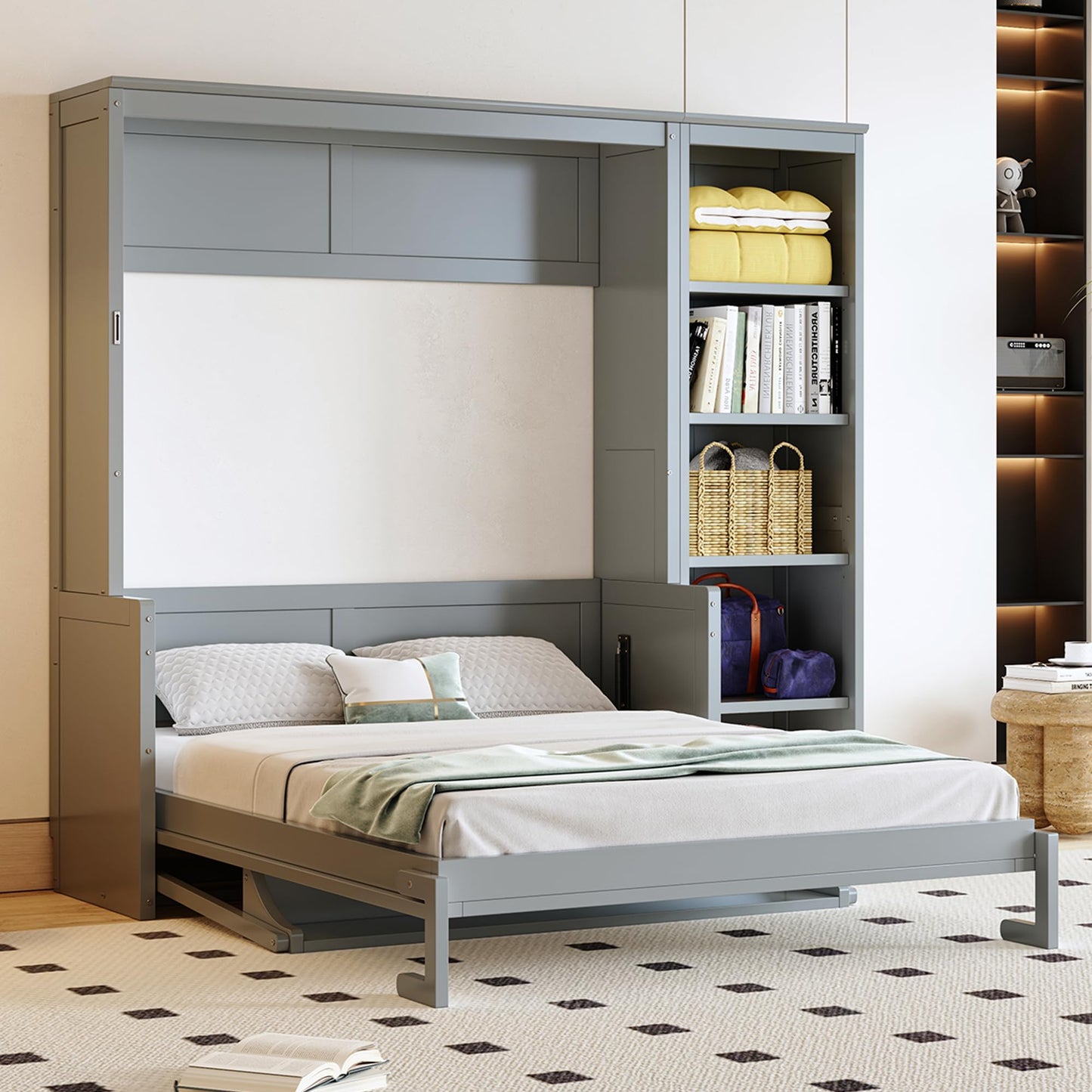 Ball & Cast Murphy Bed Chest Full Size,Hideaway Wall Bedframe with Desk and Bookshelf,Space Saving Cabinet Bed w/Shelf,Slat Support,can be Folded,Bedroom Furniture for Small Space,Gray