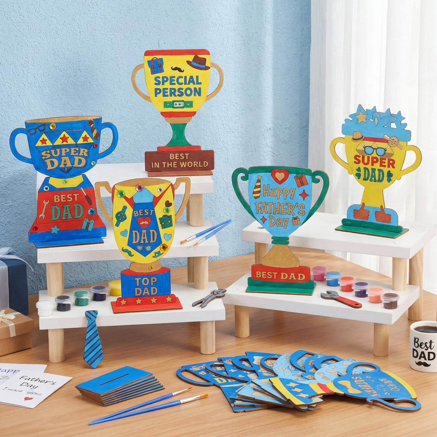 Eaasty 12 Set Father's Day Wooden Trophy Craft Kit 12 Unique Trophy Designs with Acrylic Rhinestone Stickers Paint and Brushes DIY Gifts for Fathers Grandpas Family Classroom Activity Crafts Supplies