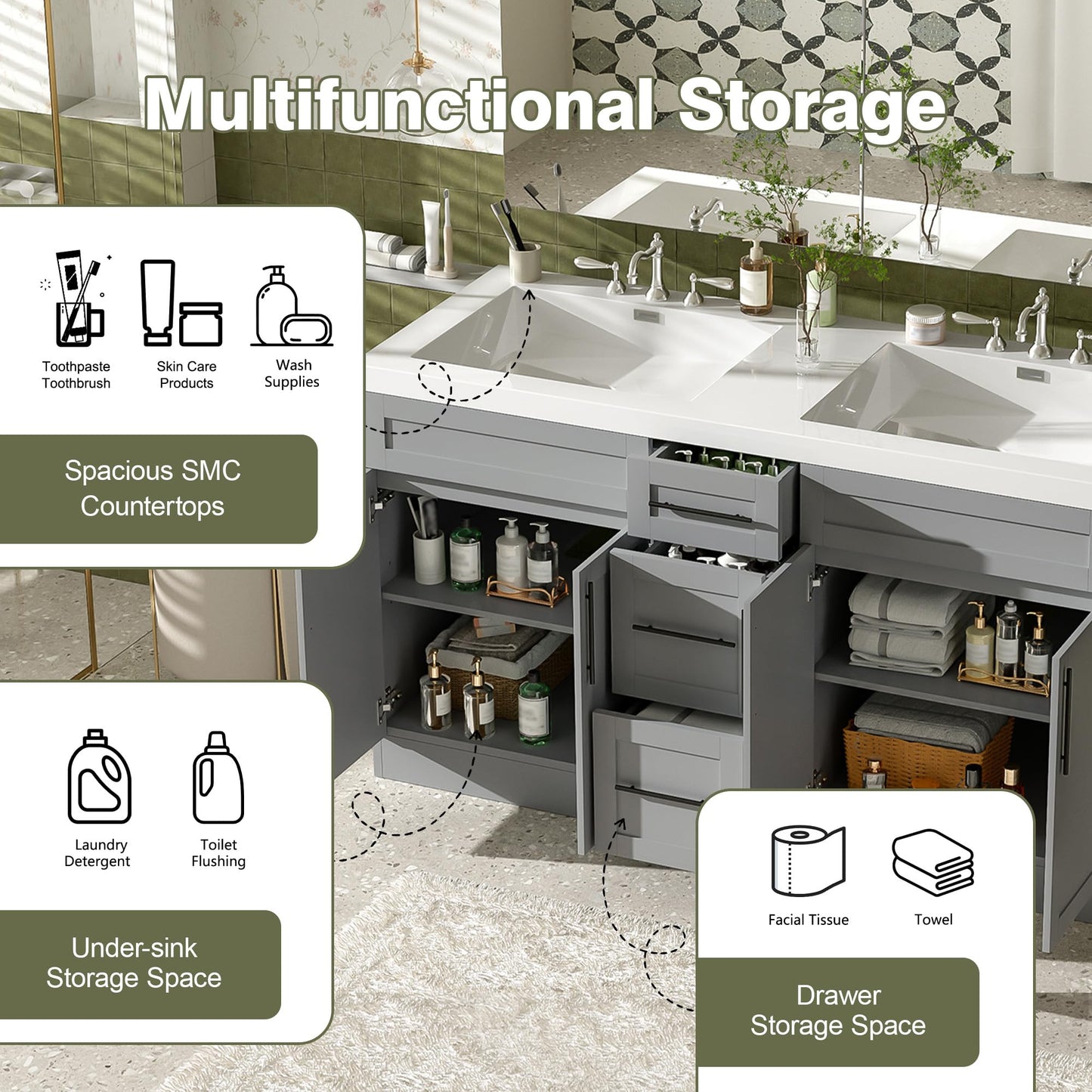 Merax Modern 59.3'' Large Bathroom Vanity with Double Sink Combo, Wood Bathroom Storage Cabinet with Soft Close Door & 3 Drawers, Vanities Set, Space Saving, Gray