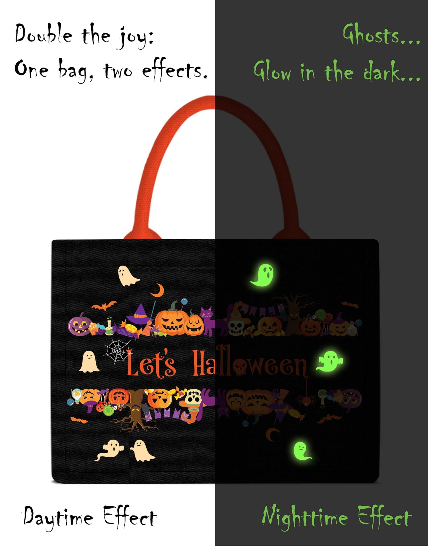 Let's Tote Halloween Canvas Candy Tote Bag With Handle, Ghosts Glow In The Dark, Great Pumpkin Halloween Party Gift. Reusable Bag for Trick or Treat, Candy Bucket. (Large 1-Pack)