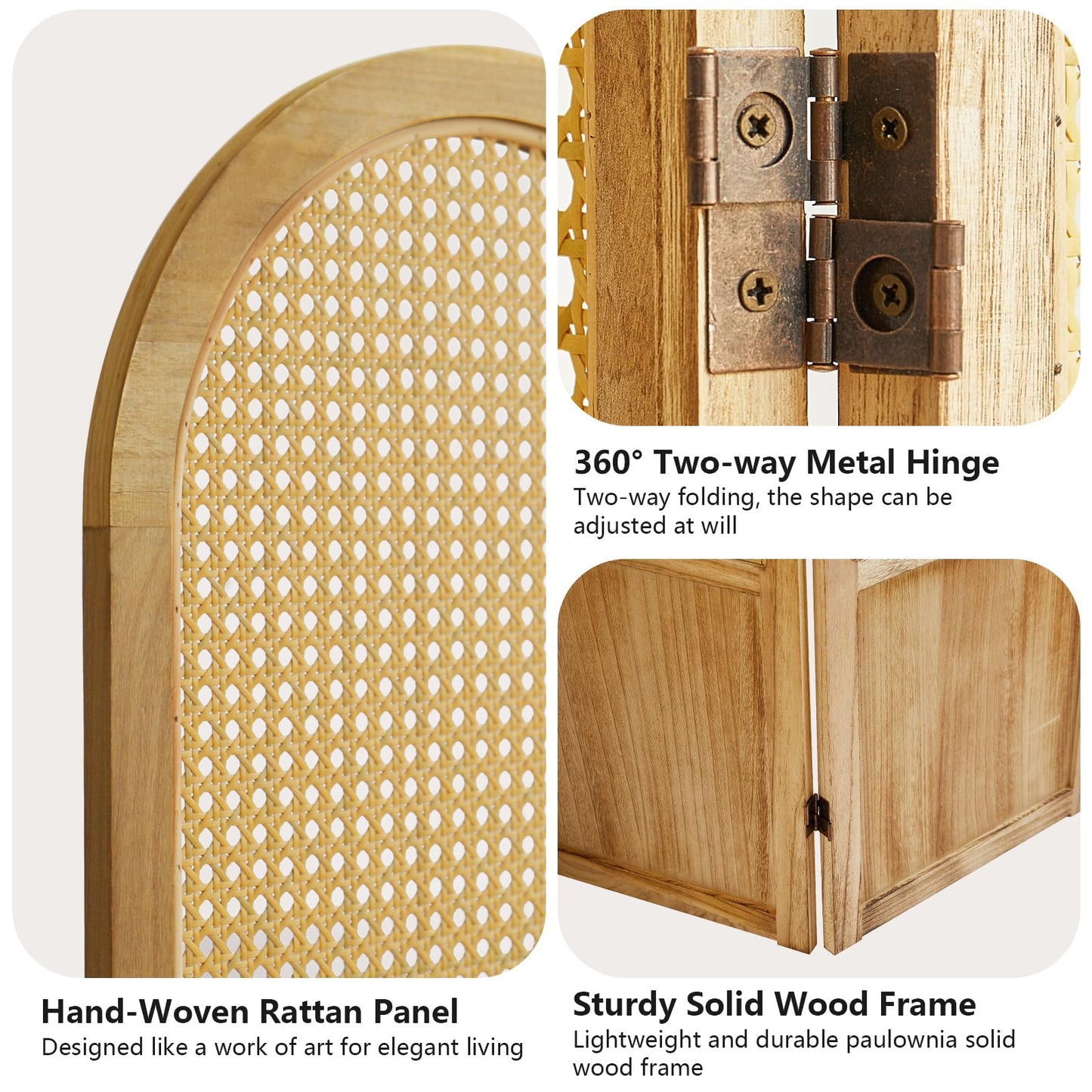 6 Panel Room Divider and Folding Privacy Screen, 5.6 Ft Foldable Double Hinged Rattan Partition, Hand-Woven Rattan Room Divider Portable Wood Freestanding Wall Divider for Room Separation - Natural