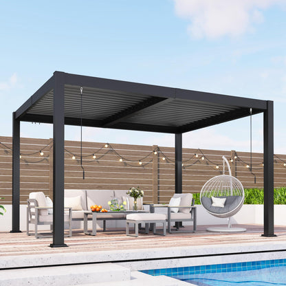 Louvered Pergola, 10' x 12' Outdoor Pergola, Metal Patio Gazebo with Adjustable Louvers Roof and Gutter System, Metal Hardtop Gazebo for Patio, Backyard, Deck, Garden, Dark Gray