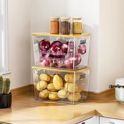 Delamu 2 Set Pantry Organizers and Storage, Trash Bag Holder Under Sink Organizer for 4-13 Gal Bags, Trash Bag Dispenser with Bamboo Top for Onion, Potato, Garlic, Clear (11-7/32"L*7" W*7-1/8"H)