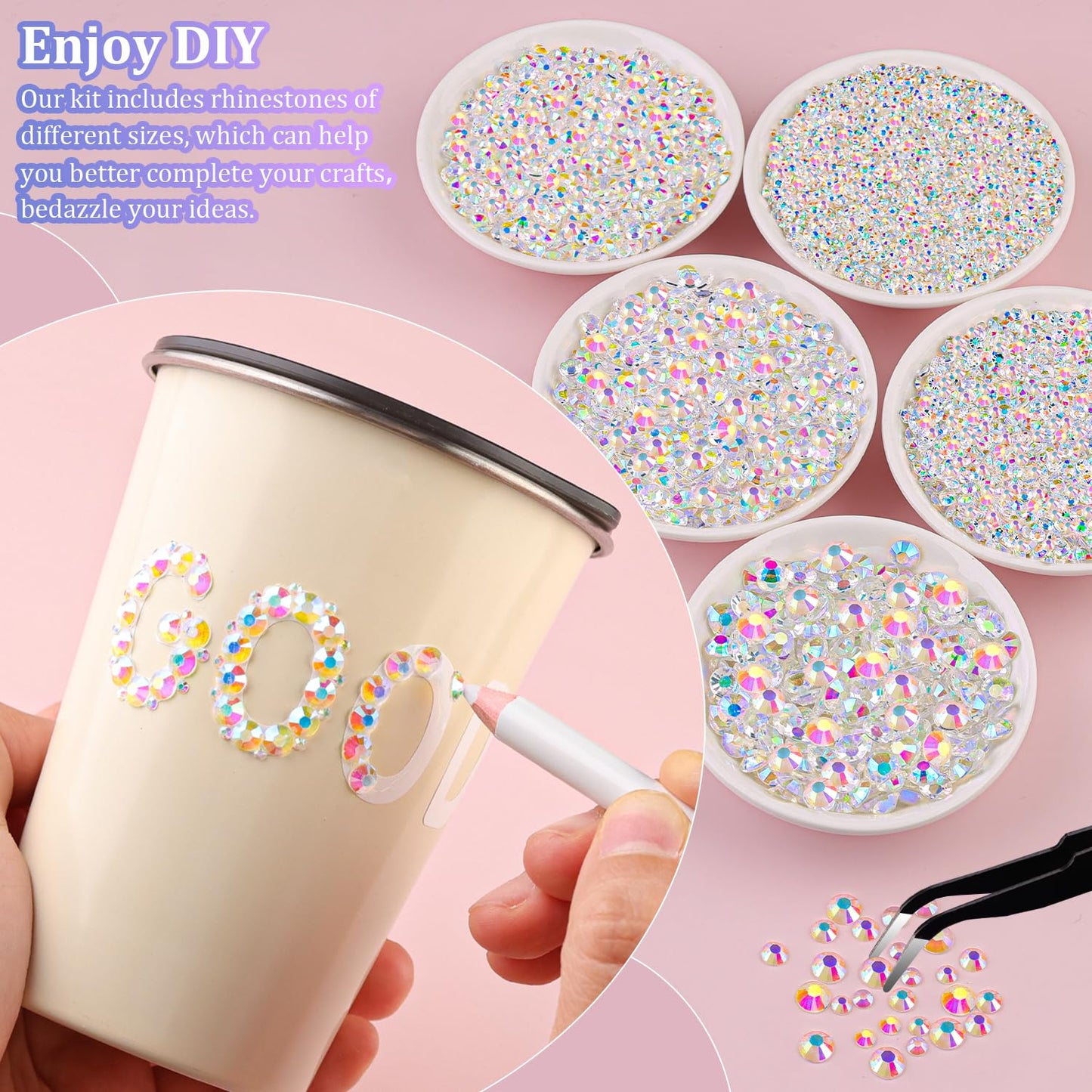 25000Pcs Resin Rhinestones for Crafting, Transparent AB 2-6mm Mixed Sizes Non Hotfix Flatback Gems with 1Pcs Glue, Bedazzling Crystal for DIY Craft Clothing Mugs Tumblers Shoes Fabric Decor Nail Art