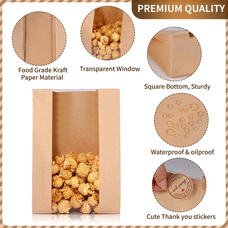 Bpole Cookie Bags with Seal - 50 PCS Small Bakery Bags with Window,5.1x2.8x9.1Inches Kraft Paper Cookie Treat Bag for Cookie Packaging Coffee Bean Snack Party