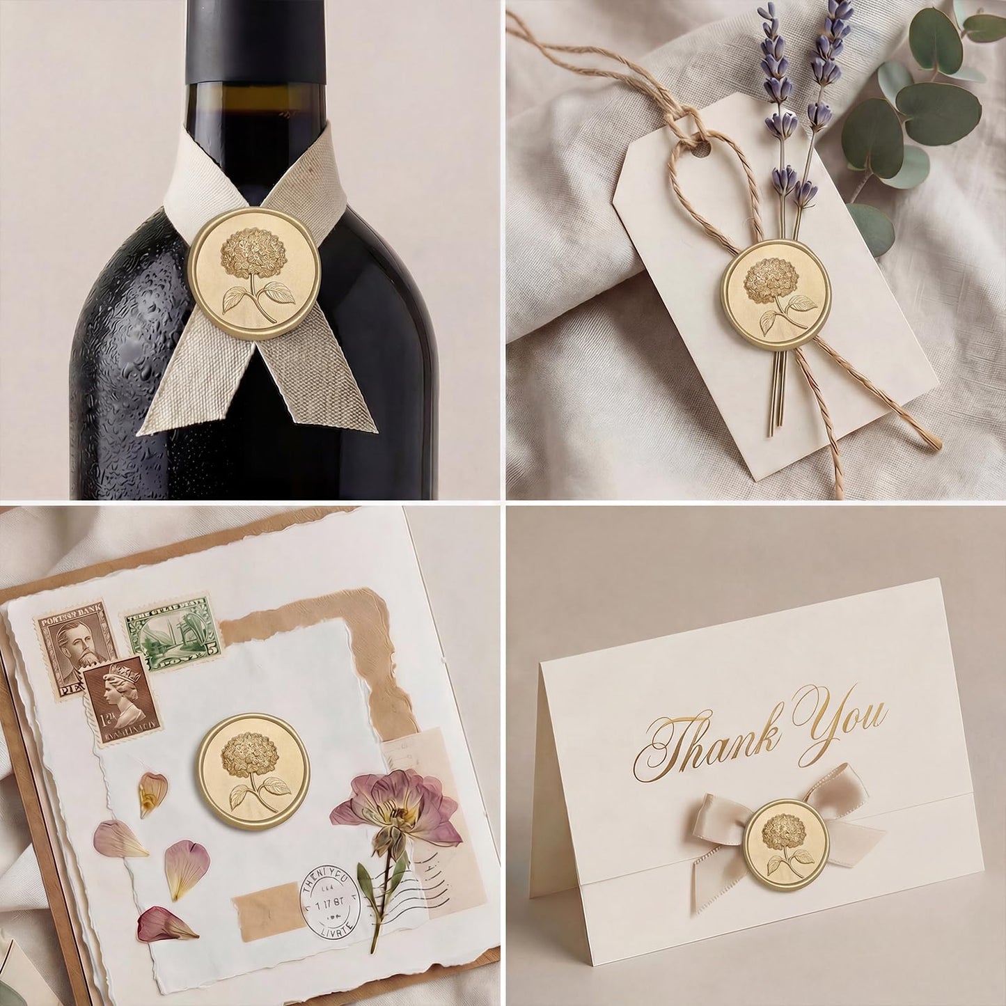 UNIQOOO Wax Seal Stickers - 3D Hydrangea Floral Wedding Invitation Envelope Seal Stickers, 50 Pcs Self- Adhesive Light Gold Stickers, Perfect for Invitation, Christmas, Gift Wrapping