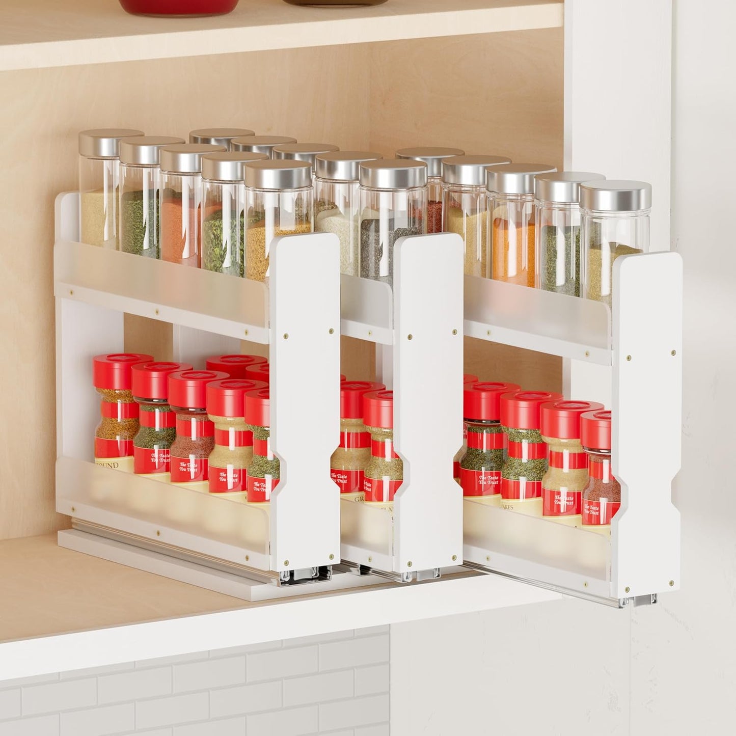 7.6" 3 Drawers(2" 2-Tier, SpaceAid Bamboo Pull Out Spice Rack Organizer for Cabinet, Heavy Duty Slide Out Seasoning