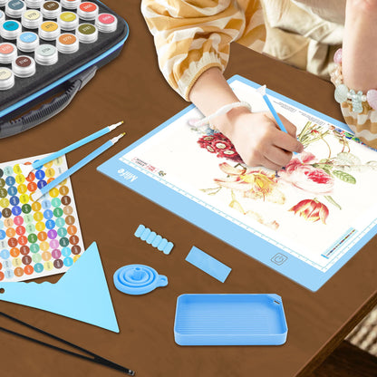 Mlife Diamond Painting Storage Boxes,1 Diamond Painting A4 Light Box Tracing Light Board with 3 Brightness, 80 Slots Bead Storage with 5D Diamond Art Accessories and Tools Kit（Blue）