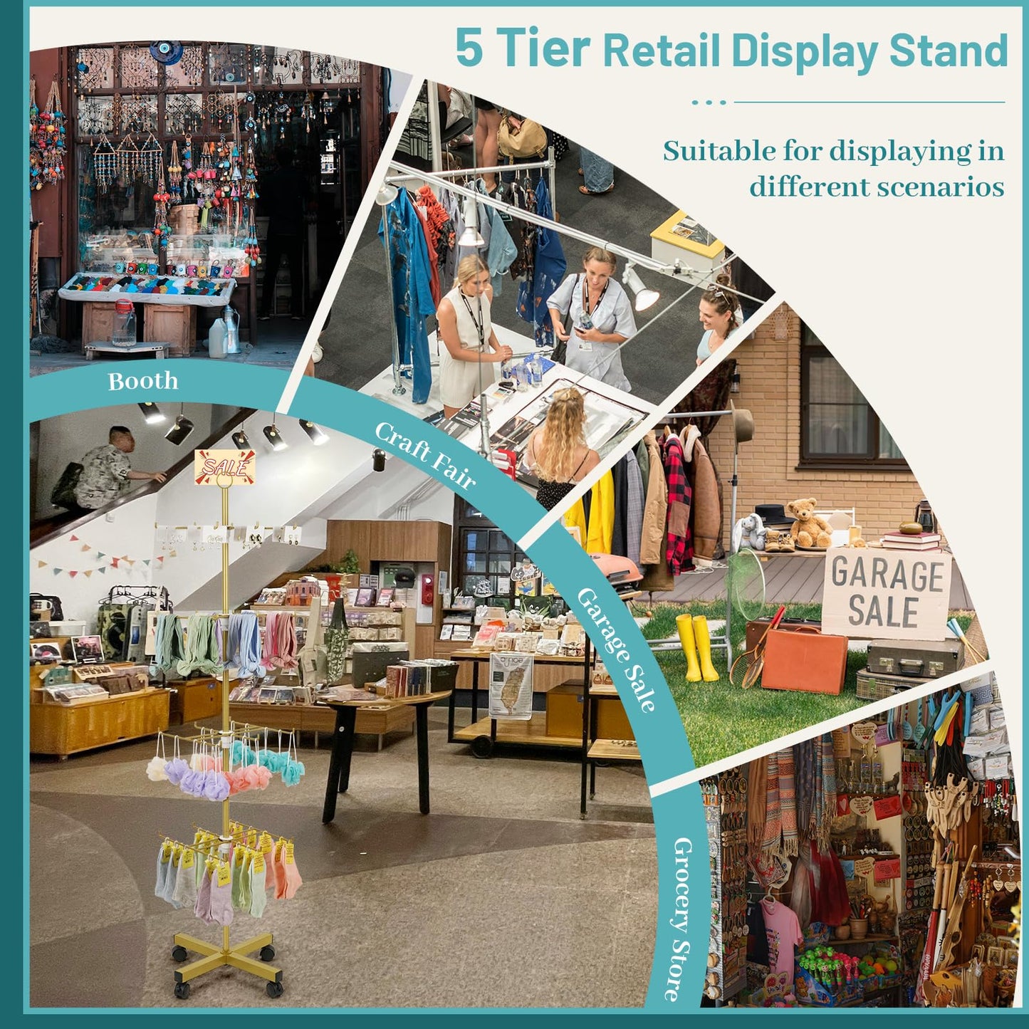 Flenpptly Retail Display Stand Rotating Display Stand 4 Tier Spinning Display Stand for Craft Shows, Jewelry, Keychain, Earring Adjustable Height Retail Display Racks (Gold)