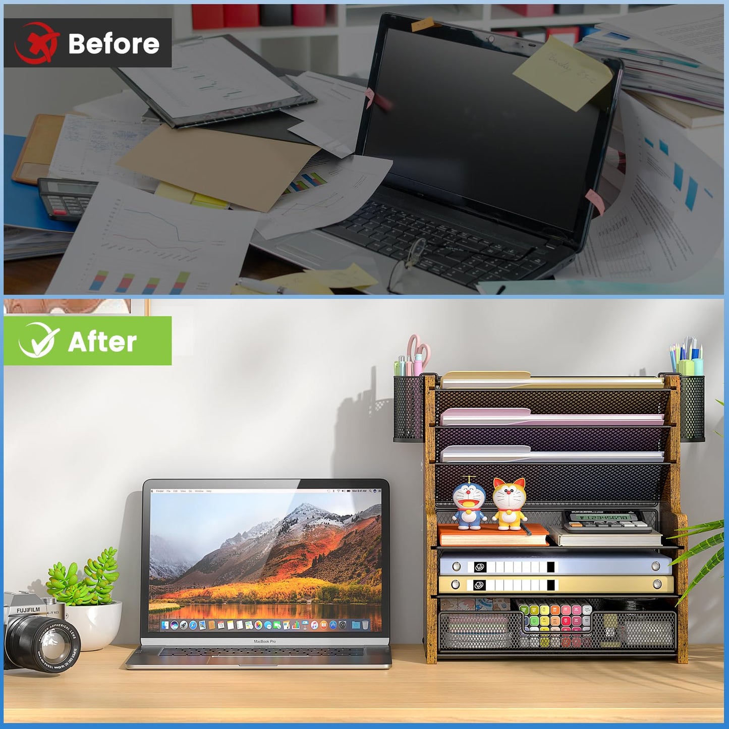 DAOUTIME 6-Tier Mesh Desk Organizer with Drawer, Wooden Office Organizer for Papers, Folders & Office Supplies - Sturdy Desktop File Holder with 2 Pen Holders - Space Saving Home Office Accessories