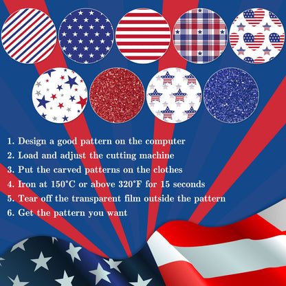 Whaline 9 Sheet Patriotic Heat Transfer Vinyl 4th of July Glitter Iron on Vinyl American Star Pattern HTV Adhesive Craft Vinyls for 250th Anniversary Independence Day DIY Fabric Craft, 9.6 x 11.8 Inch