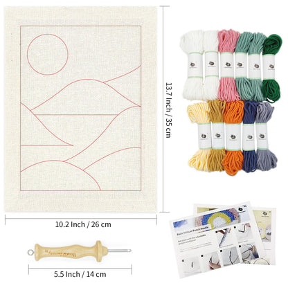 HAND U JOURNEY Punch Needle Kit – 14"x10" Landscape Rug Yarn Hooking Beginner Kit with Oxford Open-Side Design Tool for Craft Gift – Impression Sunrise Pattern