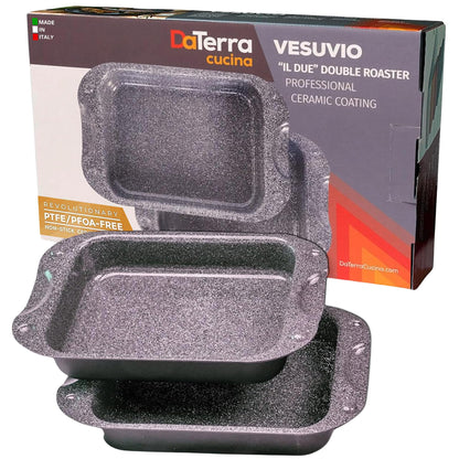 DaTerra Cucina - Nonstick Ceramic Coated Dual Roasting Pan Set – 2 Identical Pans, Oven Safe, Ideal for Roasting, Baking, Searing, Braising, Casseroles, Fits Most Toaster Ovens - 13 x 8 x 4.25