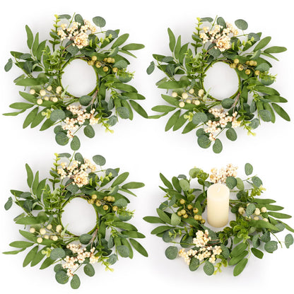 4 Pcs Green Eucalyptus Candle Rings Wreaths Spring Summer Kitchen Cabinet Wreaths Mini Green Berry Leaves Candle Wreath for Pillars Farmhouse Festival Wedding Celebrations Tabletop Decoration