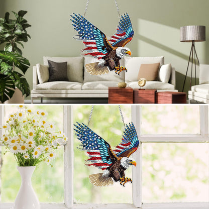 MXJSUA American Flag Bald Eagle Diamond Painting Art Window Suncatchers, Diamond Art Kits for Adults Hanging Ornaments with Chain, 5D Special Shape Crystal Diamond Pendant Accessories for Decor Gift