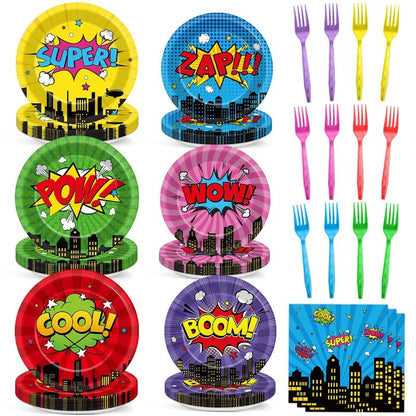 96Pcs Super Theme Hero Party Plates and Napkins Forks for Comic Heroes Birthday Decorations Hero's Action Sign Cityscape Buildings Tableware Set for 24 Guests Birthday Party Supplies Favors