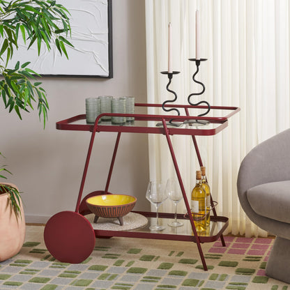 SAFAVIEH Home Collection Zunia Brick Red & Clear Glass 2-Tier Kitchen Dining Bar Cart Trolly with Wheels