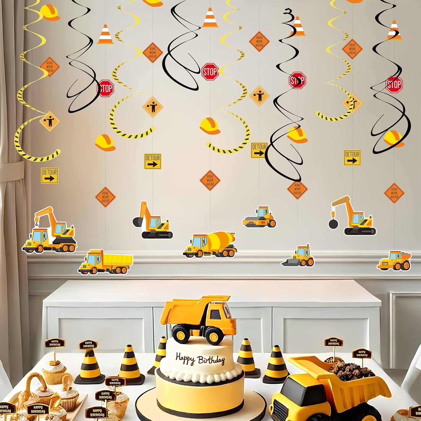 16Pcs Set Construction Theme Party Hanging Decorations Swirl with Trucks, Traffic Cone & Safety Symbols | Party