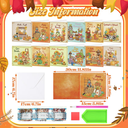 TecUnite 12 Pack Thanksgiving Diamond Painting Greeting Card Kits Fall Thanksgiving Diamond Art Cards with Envelopes Pumpkin DIY Crafts Kit Rhinestones Paint Scarecrow Cards for Friend Birthday Gifts