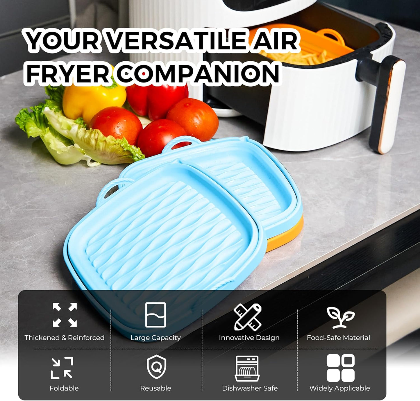 Foldable Silicone Air Fryer Liners, 2 Pcs Reusable Basket Liners, Upgraded Thicker Design, Dishwasher Safe