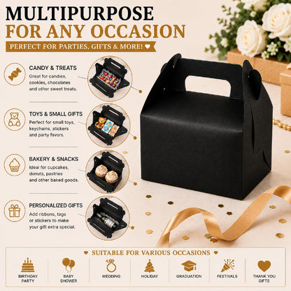 ABuff 50 Pack Black Gable Treat Boxes, Goodies Favor Gift Box for Kids, Party Favor Boxes for Snacks, Candy, Toys, Baby Showers Birthday Party Wedding, 6.3x3.5x3.2 Inches