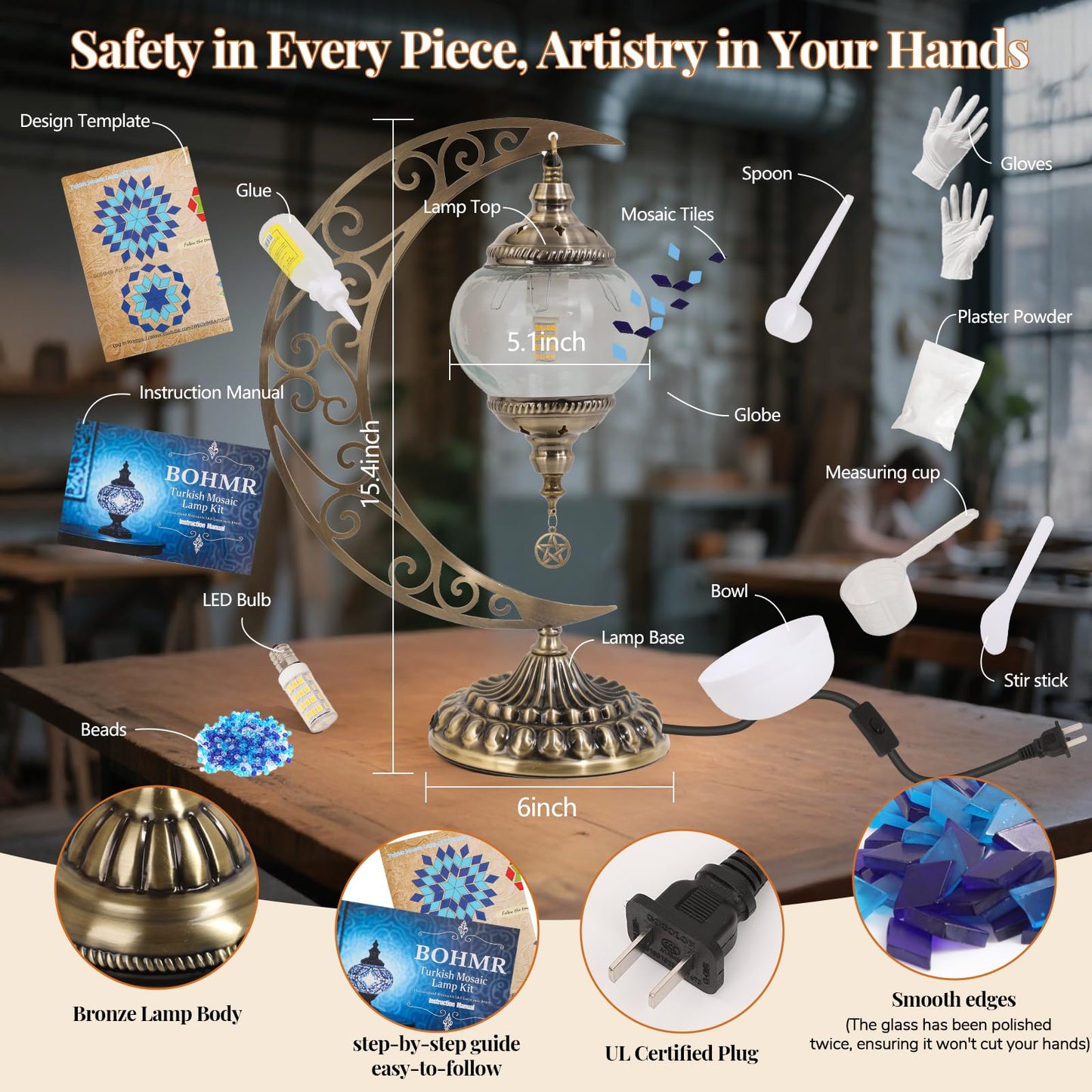 BOHMR DIY Turkish Mosaic Lamp Kit, Moon Stained Glass Lamp Making Kit- Easy,Fun,No Experience Needed, Mosaic Art & Craft Project Kits for Adults & Teens, Make Your Own Table Lamp,Christmas Gift,Blue